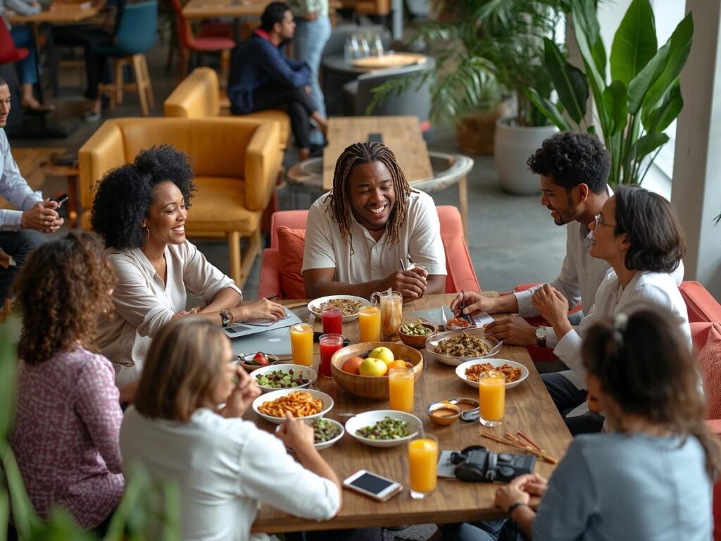 Friends at restaurant table reviewing bill and splitting costs on group vacation