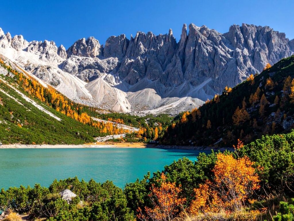 Dramatic mountain peaks and hiking trails in Dolomites Italy