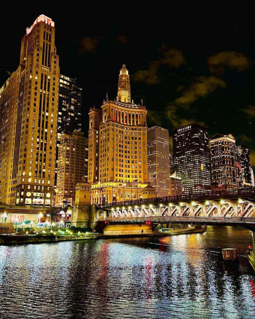 View of Wrigley Building from DuSable Bridge over Chicago River