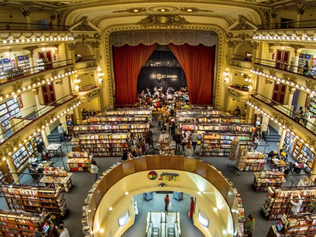 Grand theater converted to bookstore with ornate balconies and stage cafe in Buenos Aires