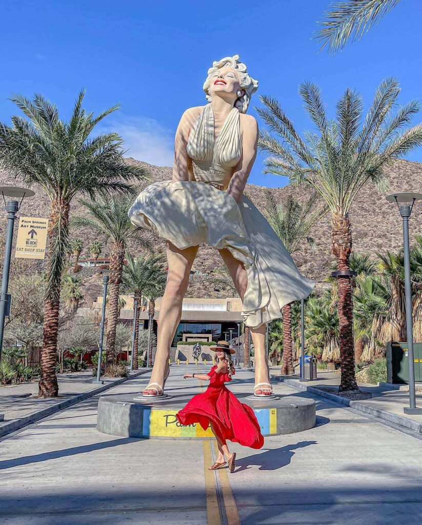 Forever Marilyn statue surrounded by palm trees in downtown Palm Springs