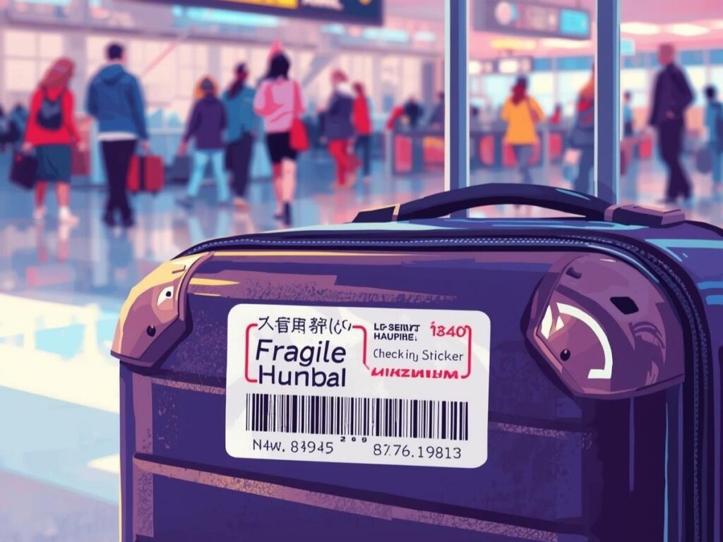 Fragile sticker label attached to checked luggage at airport