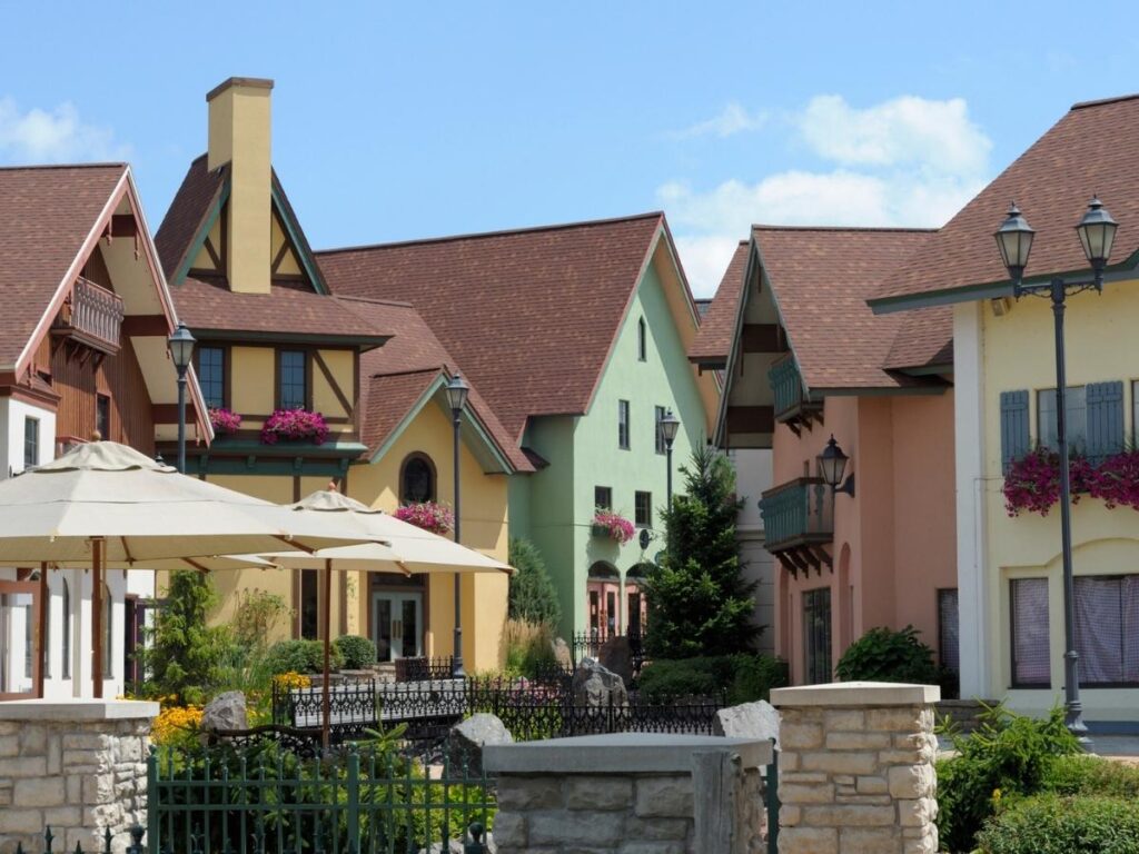 German architecture and covered bridge over Cass River in Frankenmuth Michigan