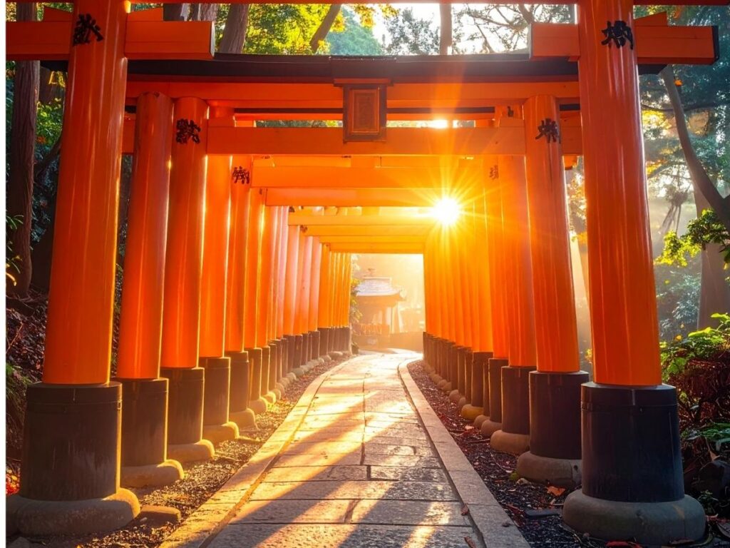  Vermillion torii gates pathway at Fushimi Inari Shrine in Kyoto, Japan