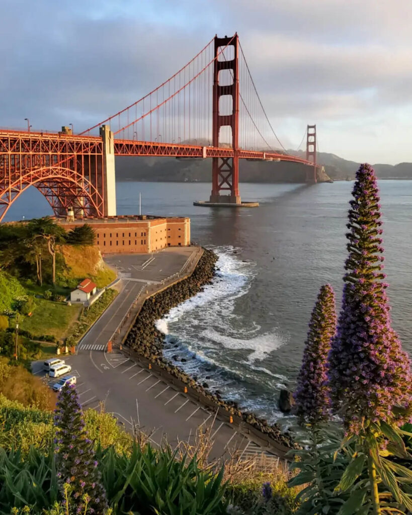 Golden Gate Bridge seen from the Presidio overlook with Marin Headlands in the background