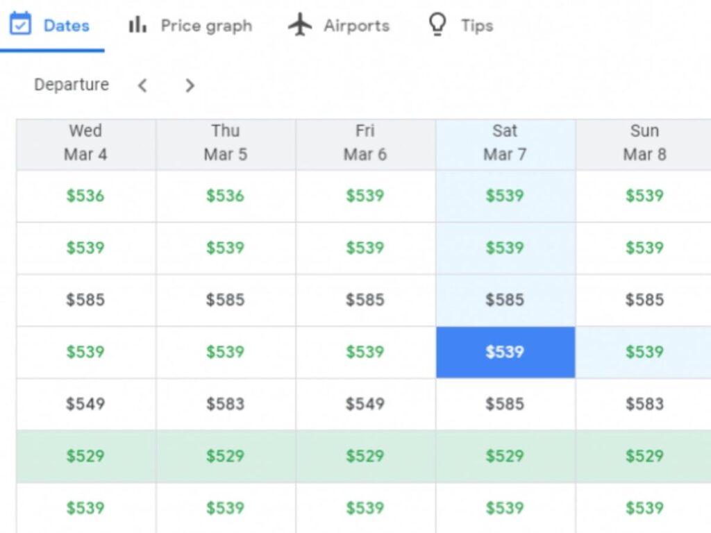 Google Flights date grid displaying flight prices across different days of the month