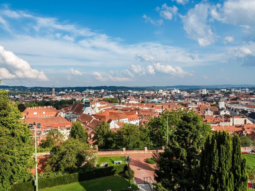 Graz Old Town with Schlossberg hill and clock tower Austria