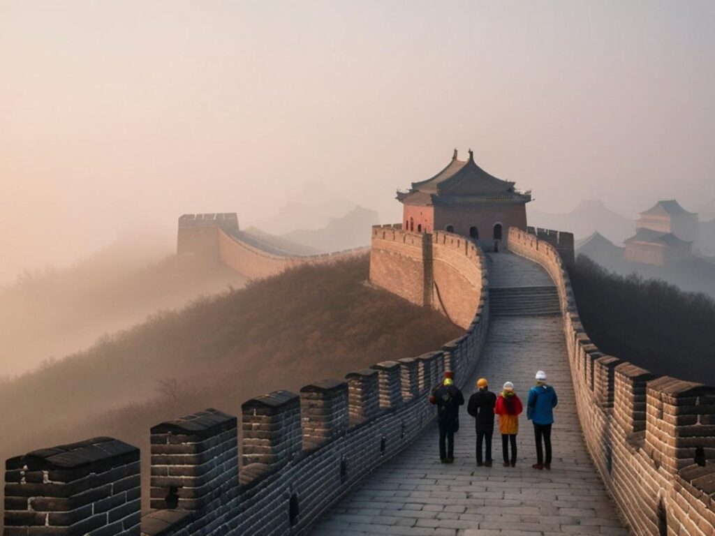 Great Wall of China snaking across mountain ridges