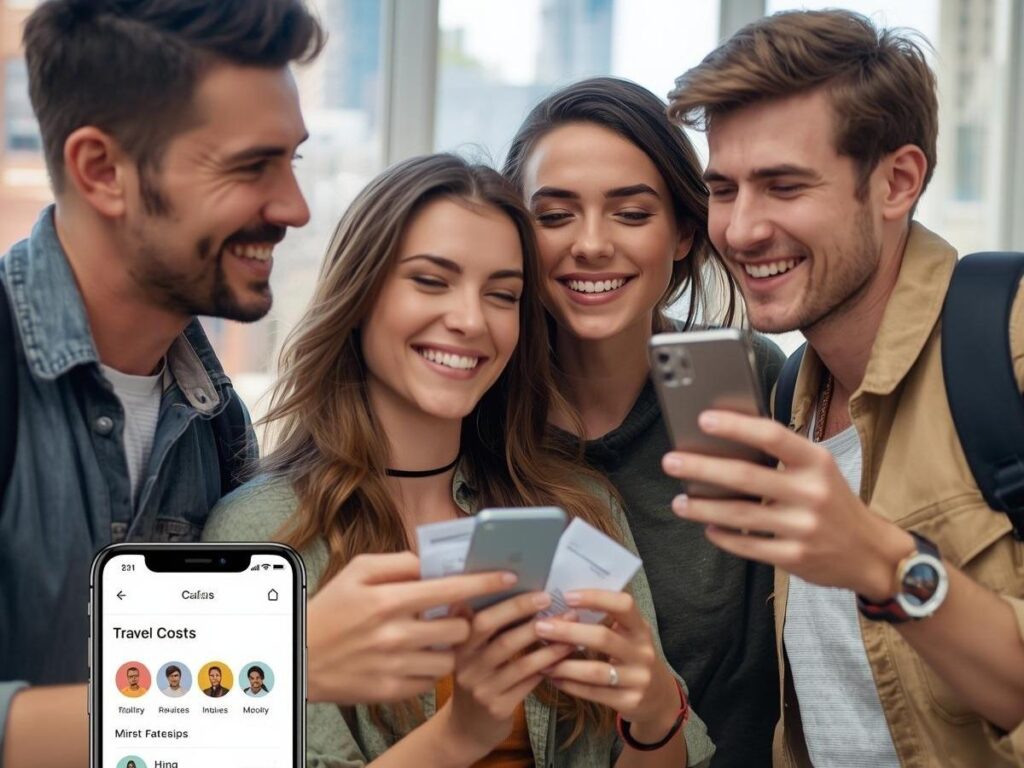 Hands holding smartphones using payment apps to split group travel expenses fairly