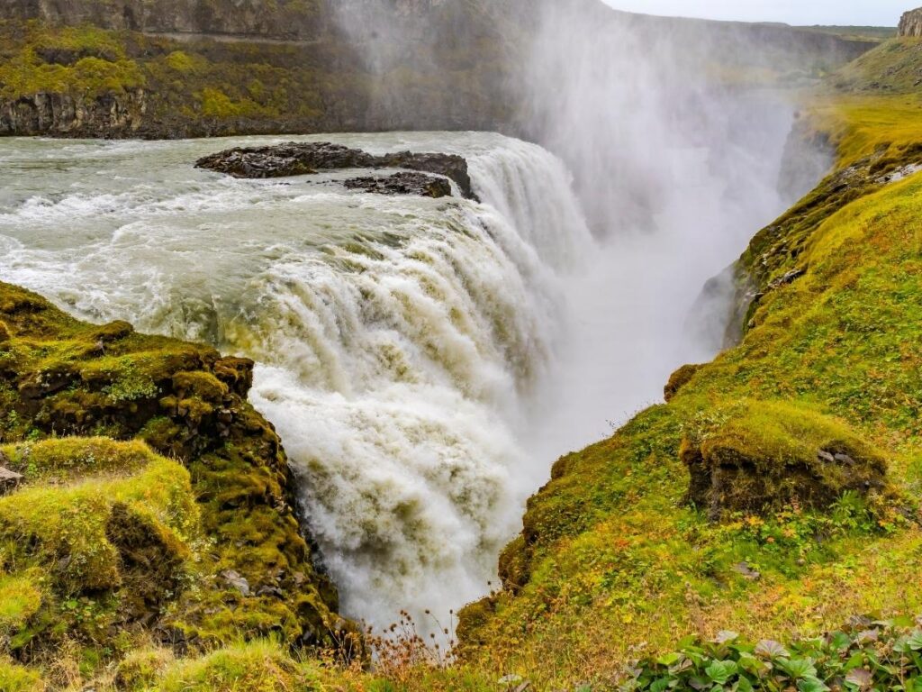  Gullfoss waterfall cascading through rocky canyon in Iceland's Golden Circle