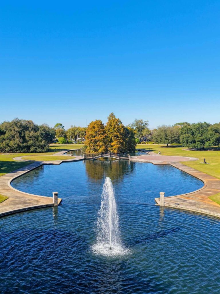 Rose garden and oak trees at Hampton Park in Charleston