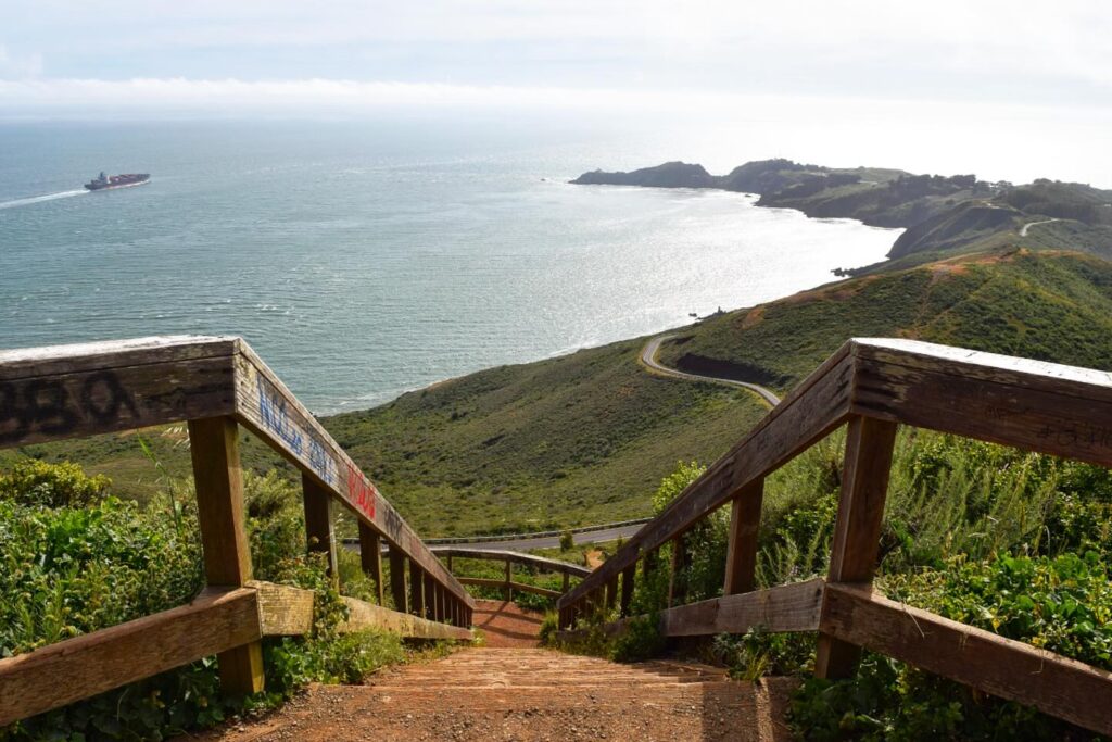 Golden Gate Bridge and San Francisco skyline seen from Hawk Hill in Marin Headlands