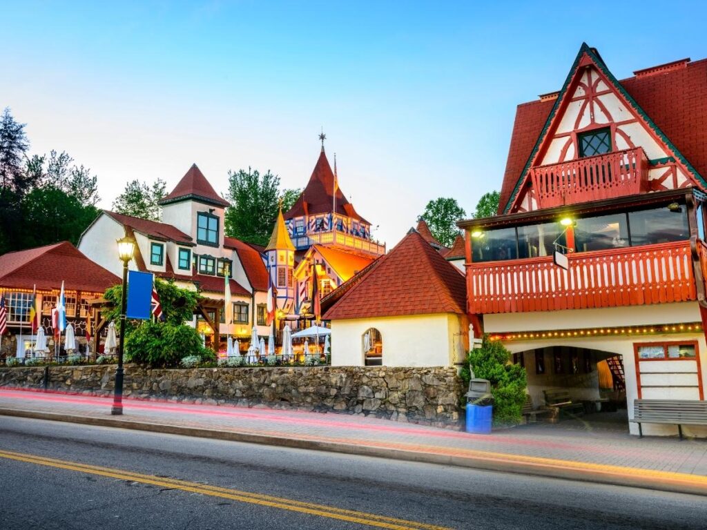 Bavarian-themed buildings along Chattahoochee River in Helen Georgia mountain town