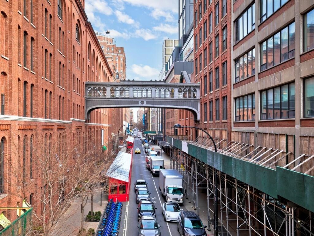 Aerial view of the High Line running through Chelsea and Meatpacking District in Manhattan