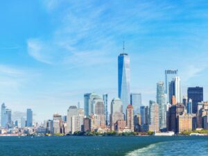 Elevated High Line park walkway with wildflowers and Manhattan skyline in New York City