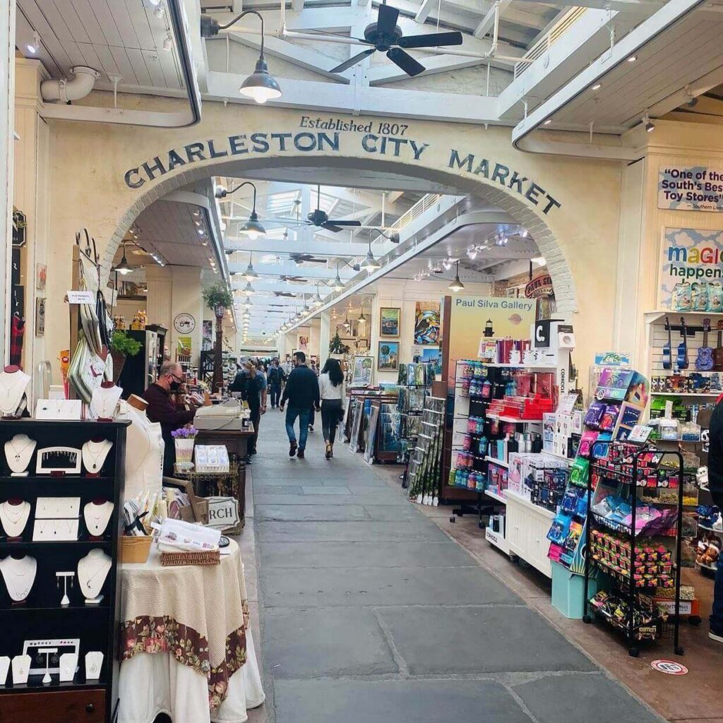 Historic Charleston City Market with brick arches and vendor stalls