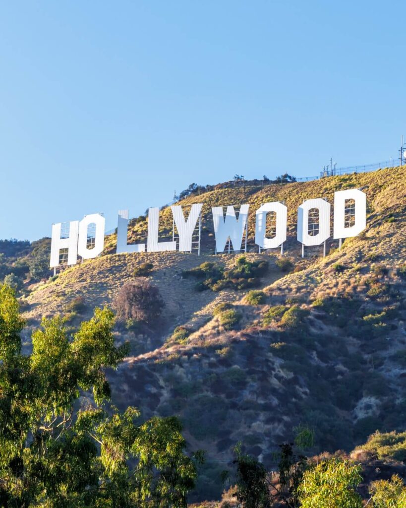 Hollywood Sign photographed from Lake Hollywood Park with clear hillside view in Los Angeles