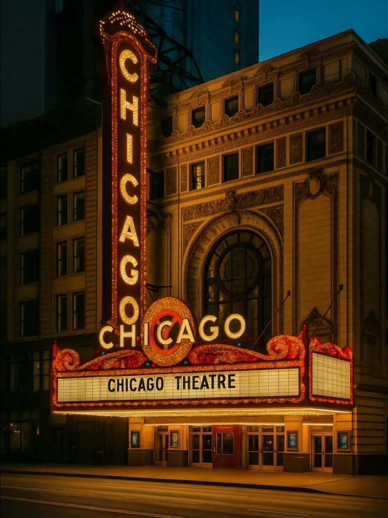 Historic Chicago Theatre marquee sign illuminated on State Street