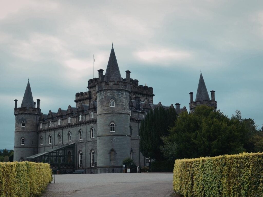 Inveraray Castle with Gothic Revival turrets on the shores of Loch Fyne Scotland