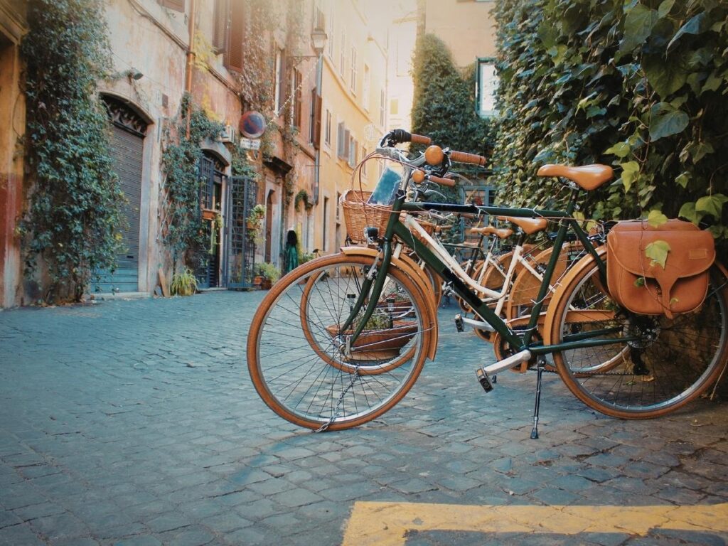 Narrow cobblestone street in Italian village with flowers and traditional architecture
