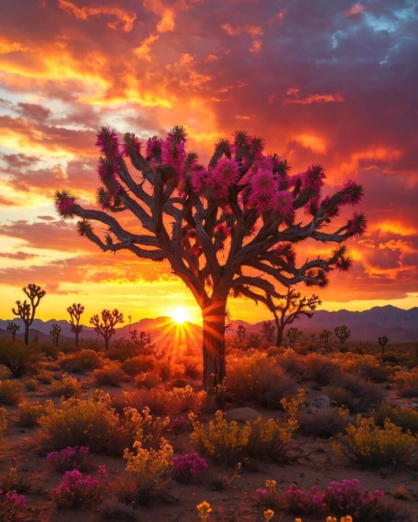 Joshua trees and desert landscape at sunset in Joshua Tree National Park