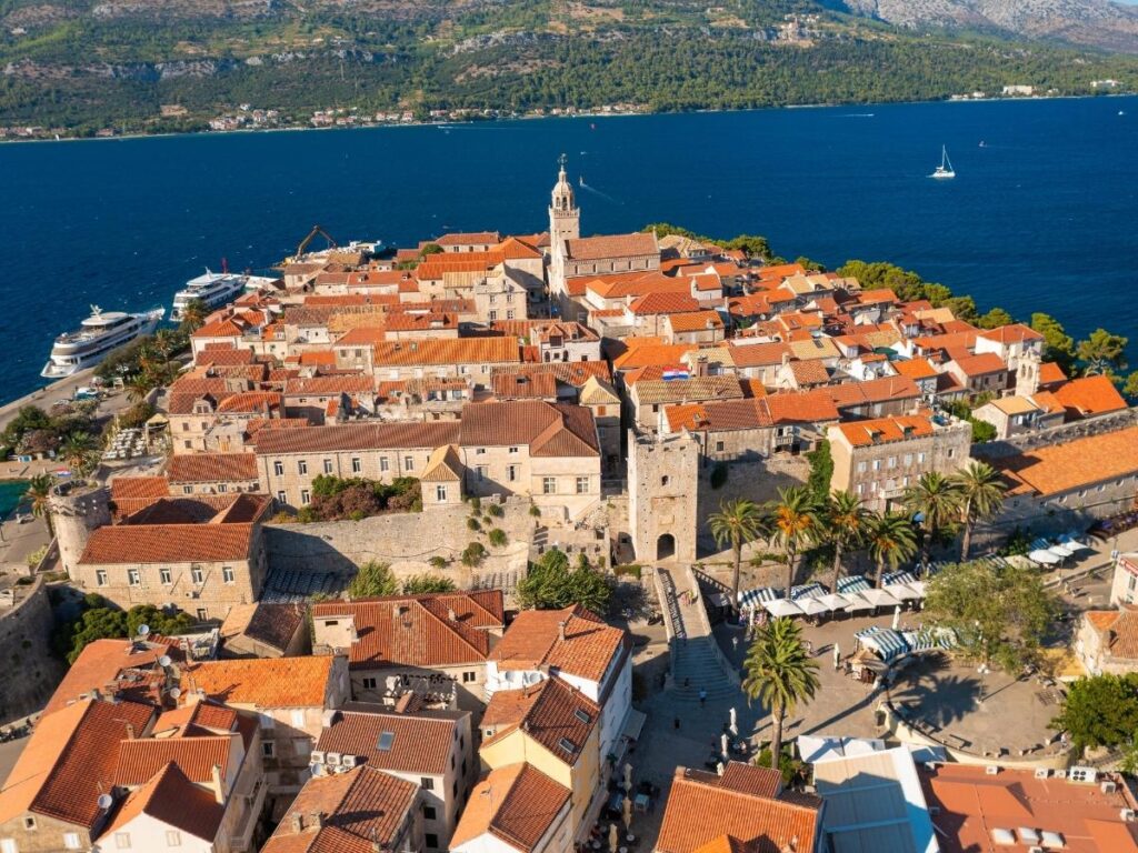 Medieval stone town of Korčula on peninsula surrounded by Adriatic Sea Croatia