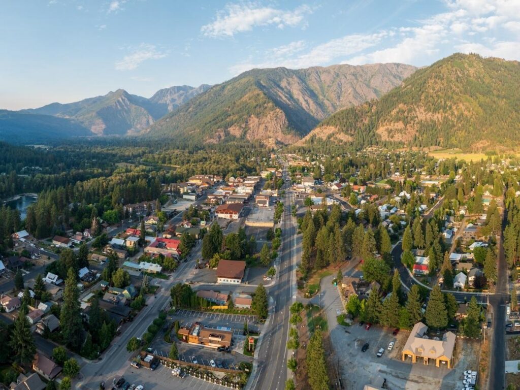 Alpine-style architecture and German restaurants on main street in Leavenworth Washington
