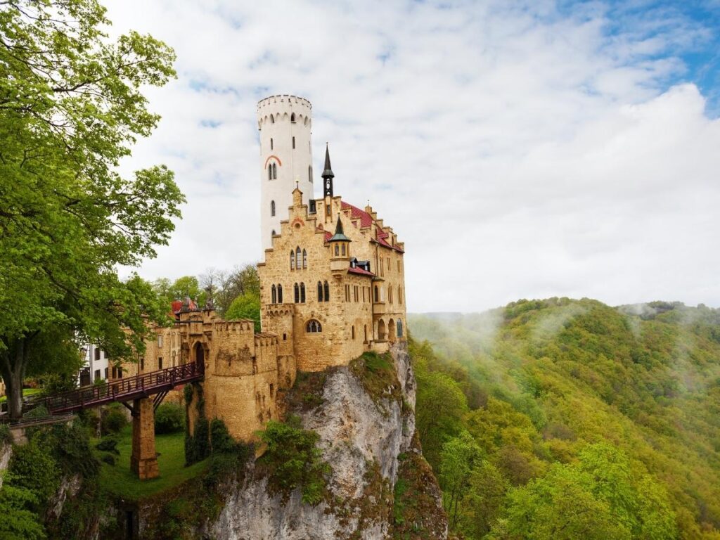 Lichtenstein Castle perched on cliff in Swabian Alps, Germany