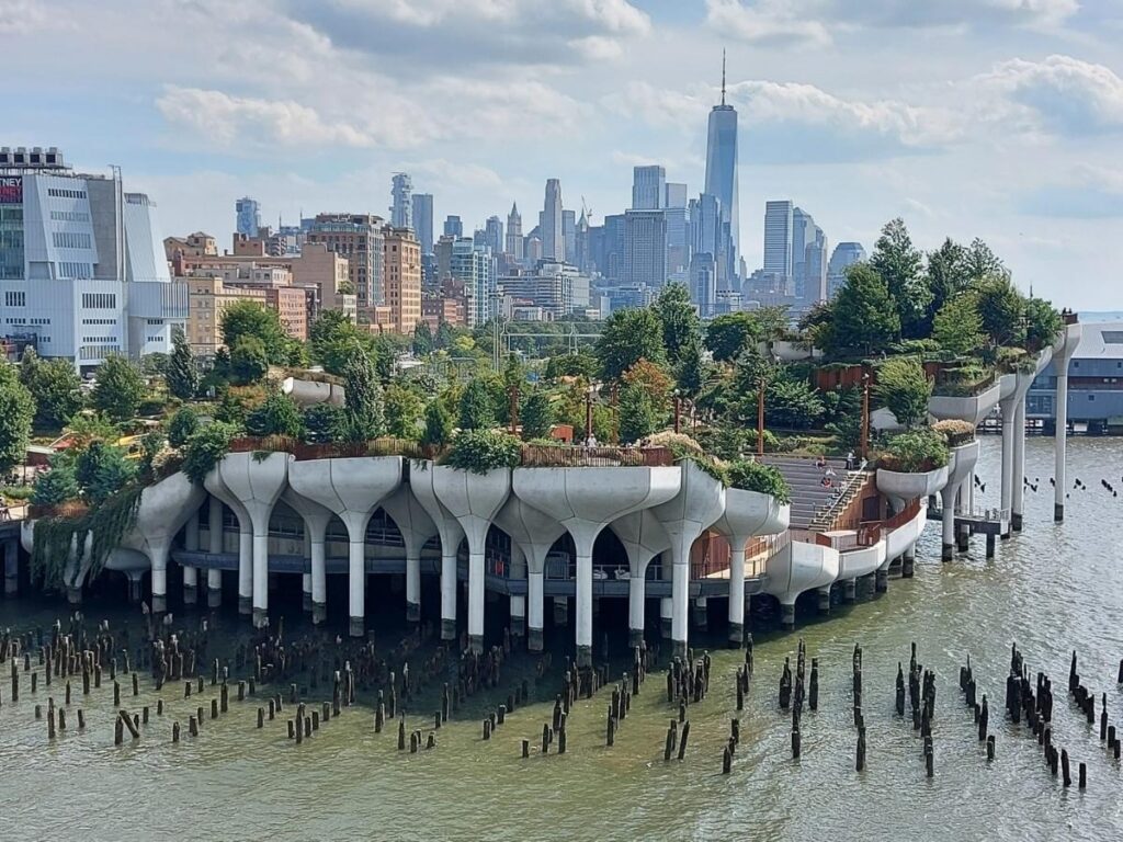 Little Island floating park visible from the High Line with Hudson River