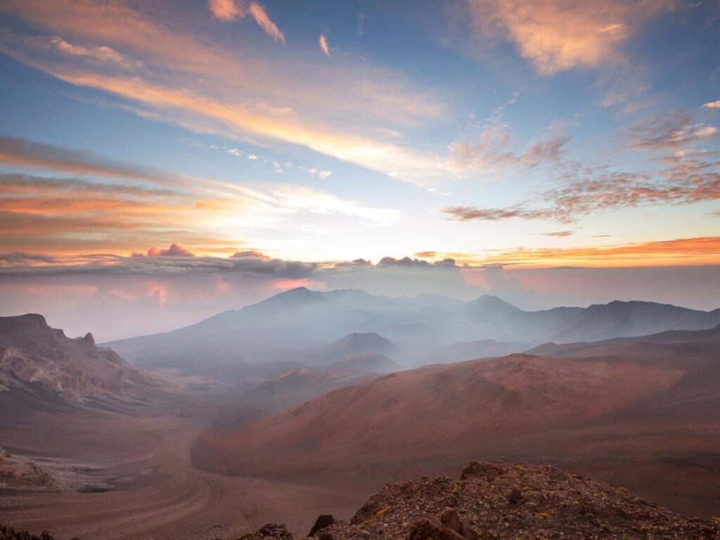 Winter sunset above the clouds from Mauna Kea Summit on the Big Island