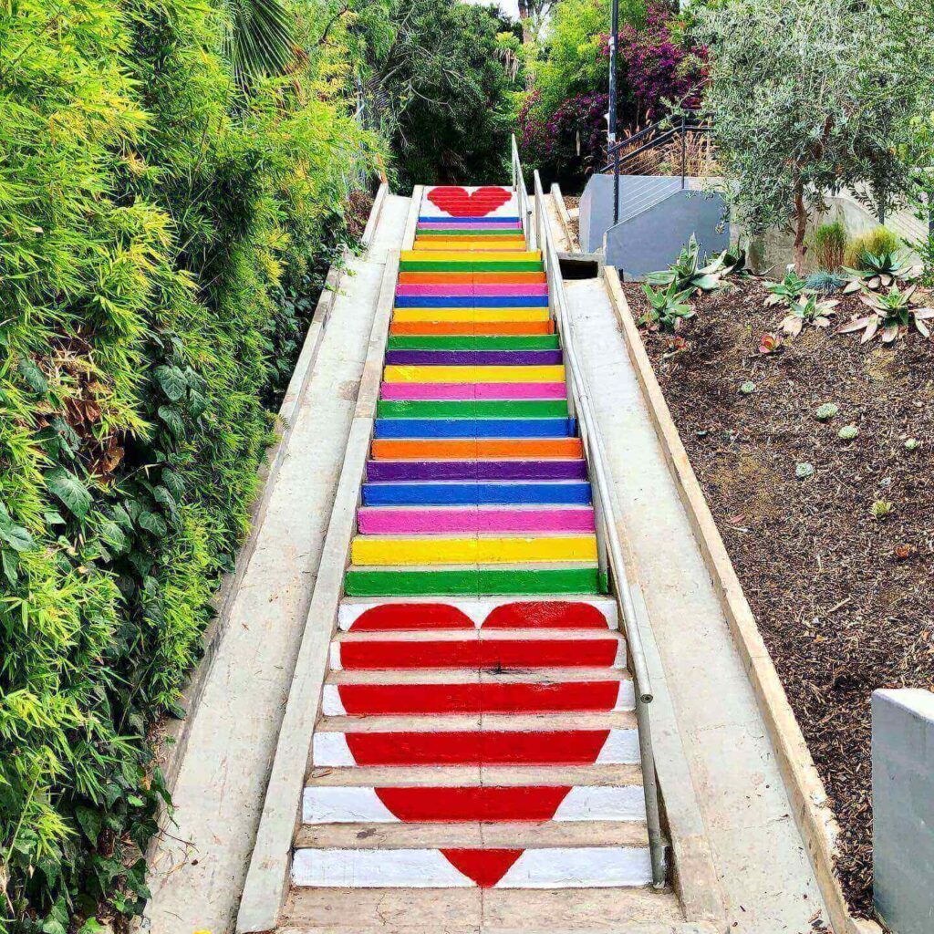 Colorful painted mosaic steps at Micheltorena Stairs in Silver Lake Los Angeles