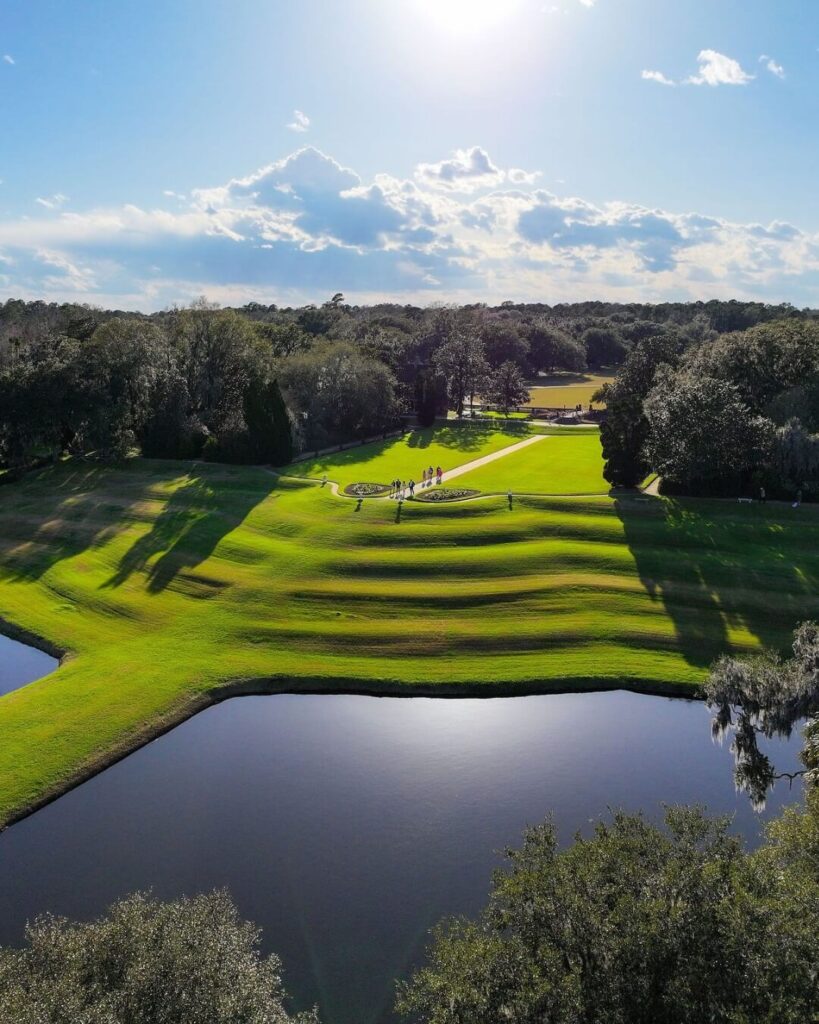 Middleton Place gardens with reflecting pools and oak trees near Charleston