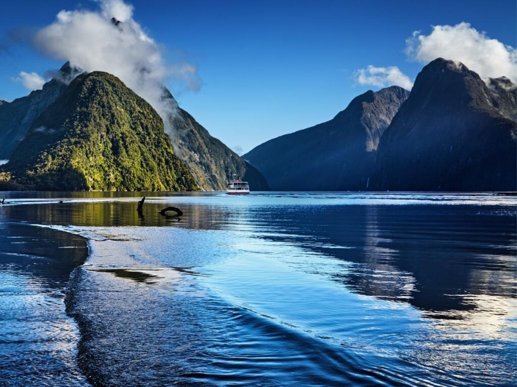  Milford Sound fiord with waterfalls and mountains New Zealand South Island