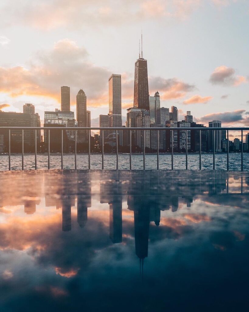 View of Navy Pier and Chicago skyline from Milton Lee Olive Park