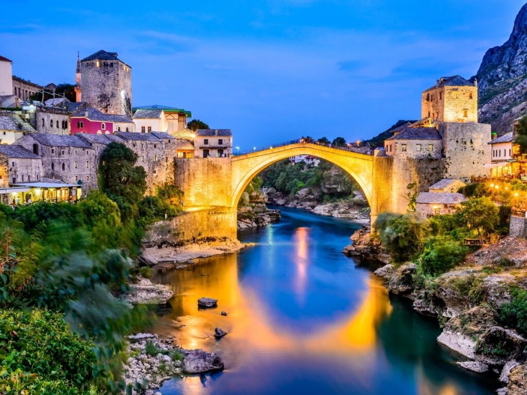 Stari Most old bridge over emerald Neretva river in Mostar Bosnia