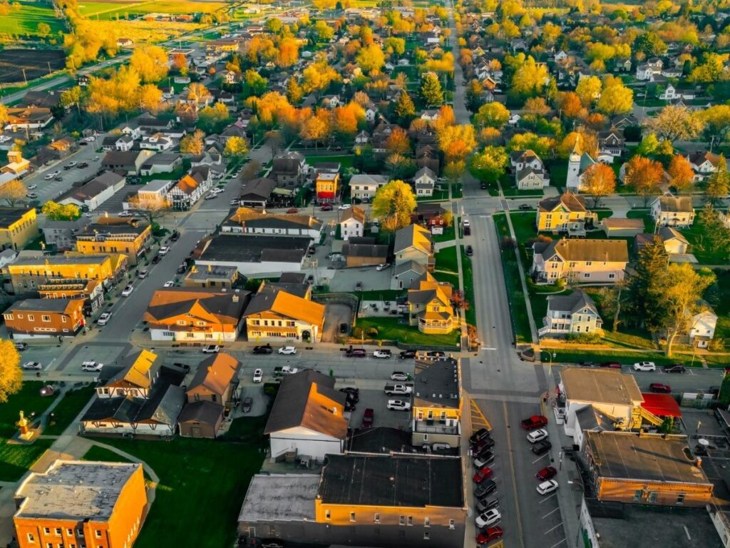 Swiss chalet-style buildings in downtown New Glarus Wisconsin Little Switzerland