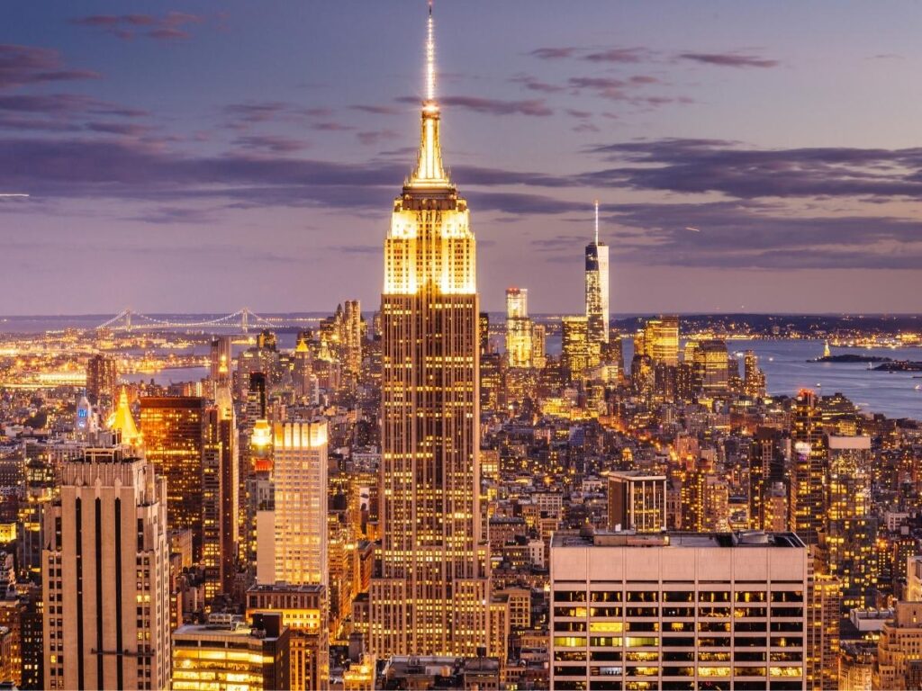 Manhattan skyline at sunset in New York City USA
