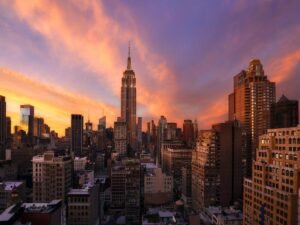 New York City skyline view from Brooklyn at sunset with Manhattan skyscrapers