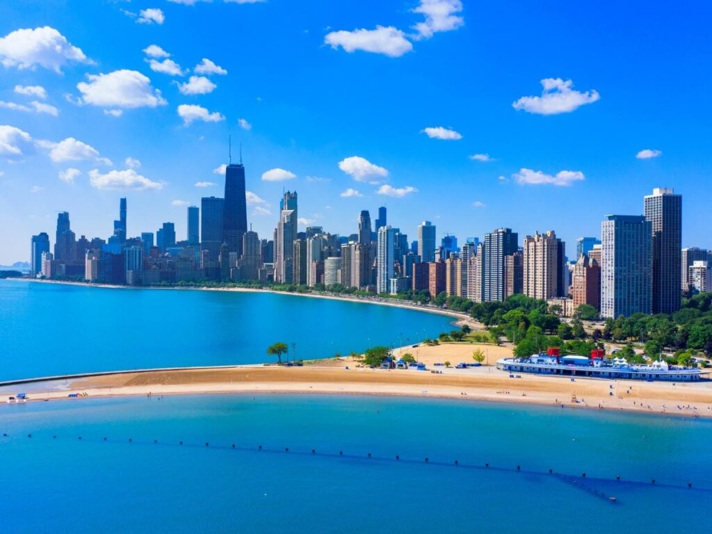 Chicago skyline viewed from North Avenue Beach along Lake Michigan