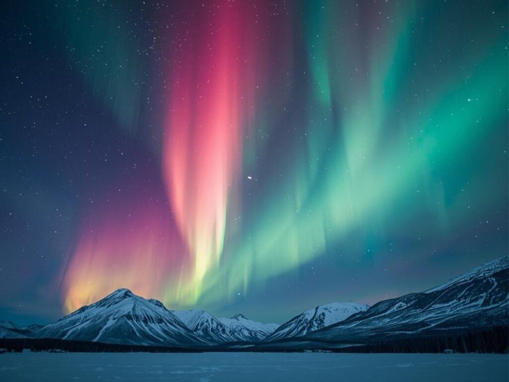Green and purple aurora borealis dancing across the Arctic sky in Norway