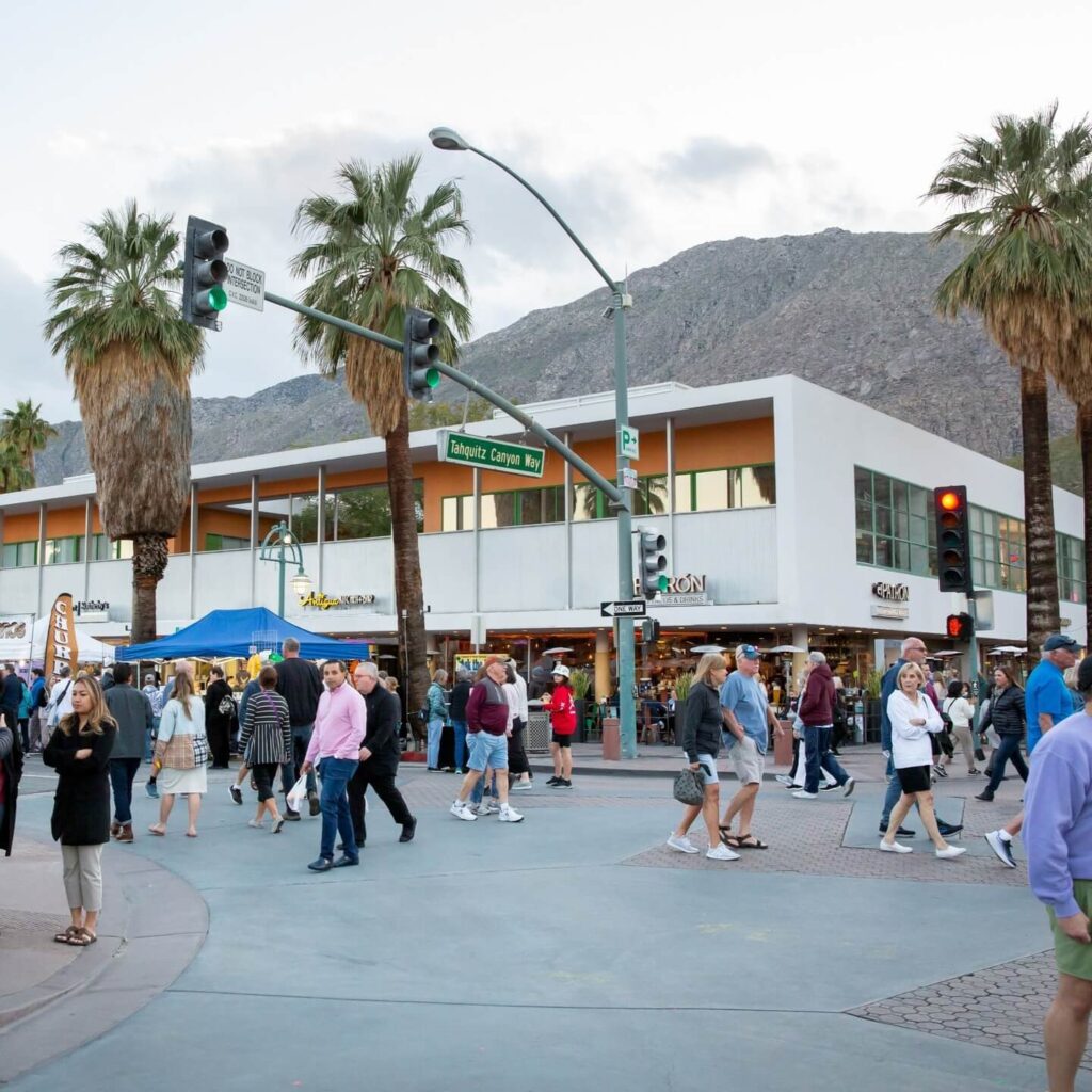 Palm Canyon Drive featuring shops, palm trees, and mountain views
