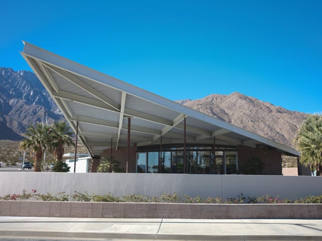 Mid-century modern Palm Springs Visitor Center with San Jacinto Mountains in the background