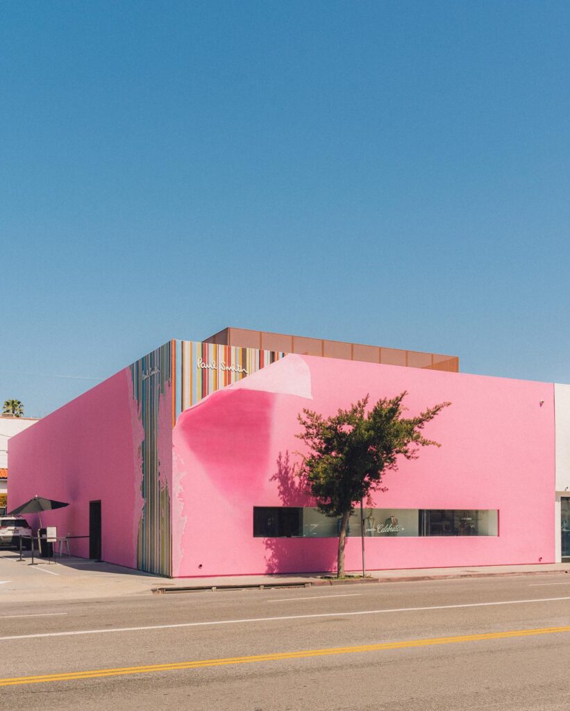 Bright pink wall at the Paul Smith store on Melrose Avenue in Los Angeles