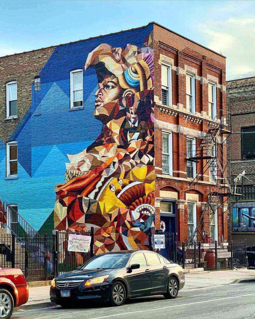 Colorful street art murals along 18th Street in Pilsen Chicago
