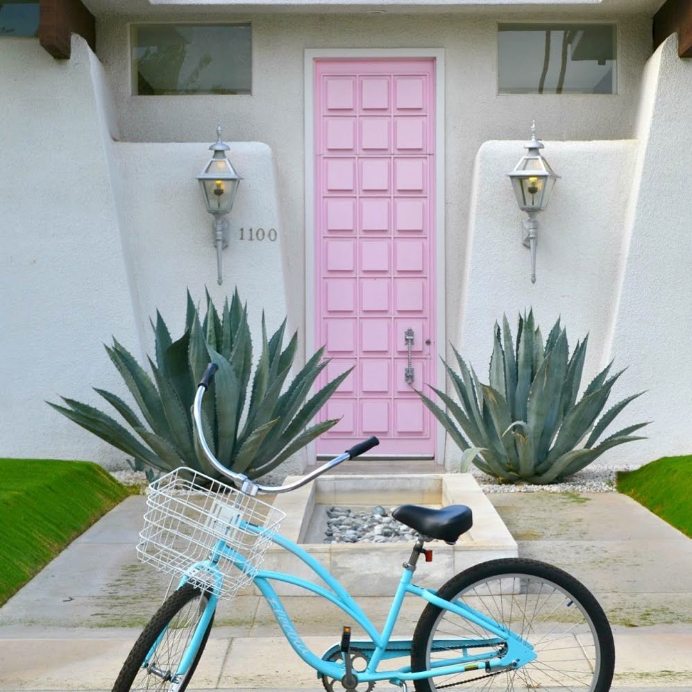 Famous pink door in Palm Springs photographed during the early morning