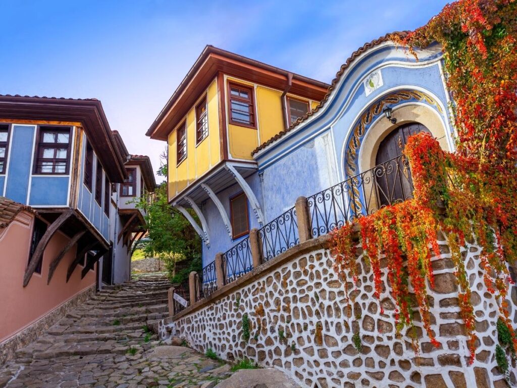 Traditional colorful houses in Plovdiv old town Bulgaria