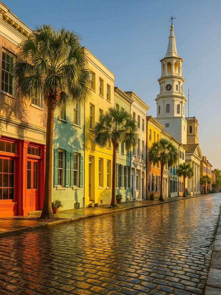Colorful pastel Georgian houses at Rainbow Row in Charleston South Carolina
