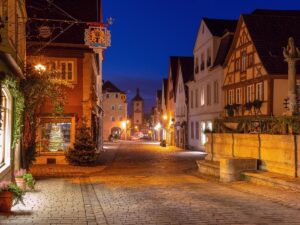 Colorful half-timbered houses and cobblestone streets in Rothenburg ob der Tauber, Germany