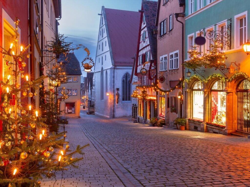 Medieval town walls and half-timbered houses in Rothenburg ob der Tauber, Germany