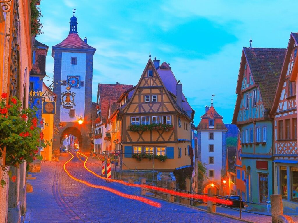 Plönlein fork in the road with medieval towers in Rothenburg, Bavaria